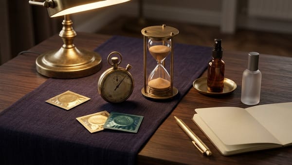 Midnight Plum flat lay with a bell-curve chart card, blank brass stopwatch, hourglass, three interlocking rings, foil delay-condom packet and metered spray bottle.