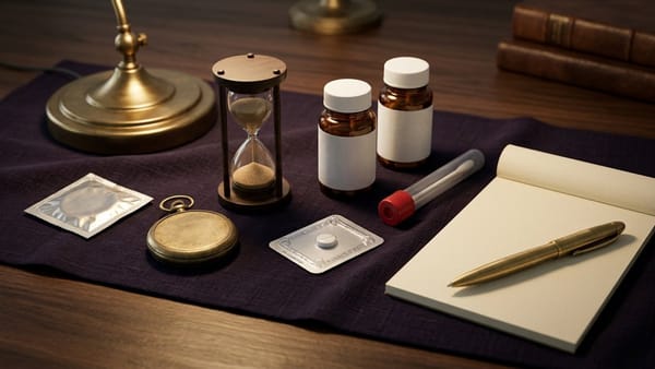 Midnight Plum flat lay with a torn foil condom packet in a caution ring, brass pocket watch, hourglass, single-pill blister pack, tablet bottles, swab tubes and checklist card.
