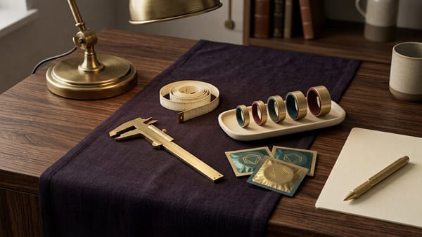 Midnight Plum flat lay with five graduated silicone/latex rings from narrow to wide, a brass vernier caliper, soft measuring tape, foil condom packets and geometry diagram card.