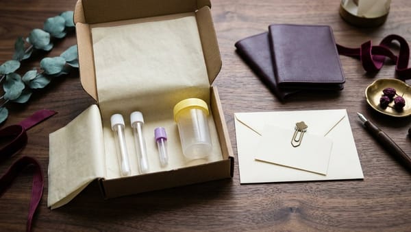 Plain kraft postal test kit box holding two sterile swab tubes, a finger-prick blood micro-tube and a urine cup beside a blank return envelope and two unmarked passports.