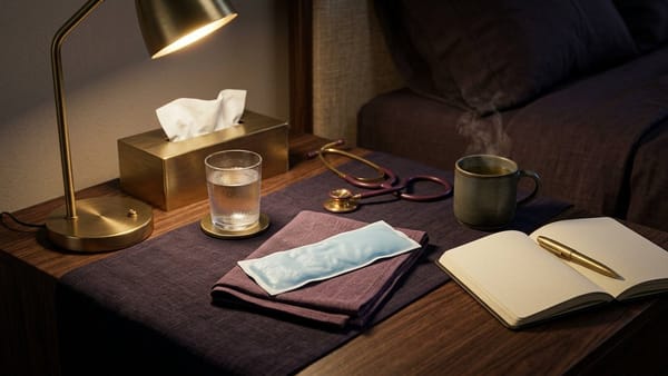 Midnight Plum flat lay with a ceramic tissue box, porcelain teardrop and brass crescent moon, feather motif, neurochemical wave card, water glass, blanket and lightning badge.