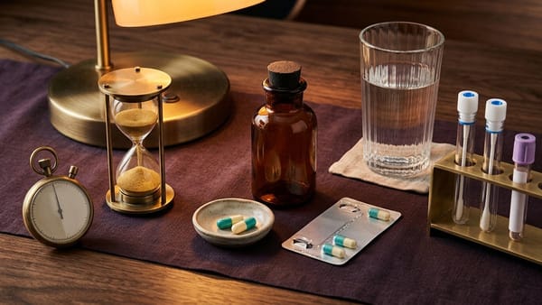 3D studio still-life of a brass hourglass, stopwatch, amber bottle, antibiotic capsules, water glass, and STI swab rack.