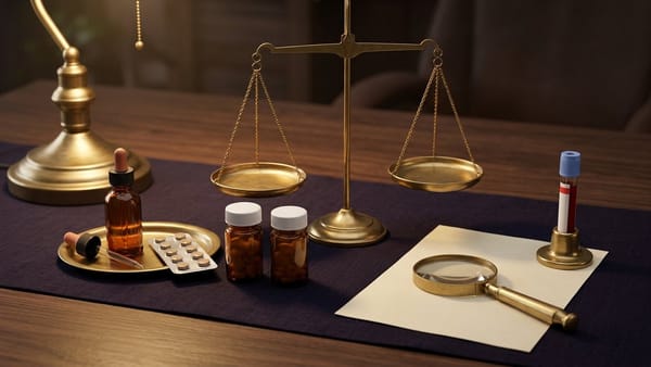 Midnight Plum flat lay with a tablet blister strip beside a brass hair-follicle icon, two bar-chart comparison cards, a brass warning-triangle patient alert card, vial and clipboard.
