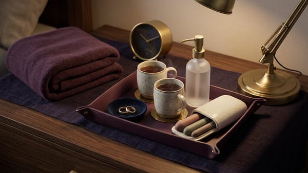 Midnight Plum bedside flat lay with interlocking brass rings, a crossed-out alarm clock, two steaming mugs of herbal tea, lubricant bottle, silicone dilators and blankets.