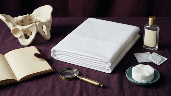 Folded pristine white sheet on dark plum fabric beside a blank anatomy notebook, pelvis teaching model, lubricant bottle, condom packets, cotton pads and magnifier.