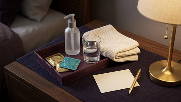 Midnight Plum bedside tray flat lay with two sizes of foil condom packets, a teal lubricant pump bottle, folded plum hand towel, water glass, warm lamp and checklist card.