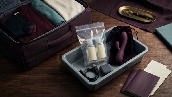 Dark plum suitcase beside a security tray holding a clear 1L bag with two blank lube bottles, a silicone vibrator in a velvet pouch, USB cable and unmarked passports.
