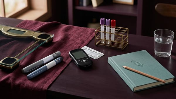 Dark plum desk with generic weekly injection pens, glucose monitor, contraceptive pills, blood-test tubes, evidence notebook, scale and glass of water.