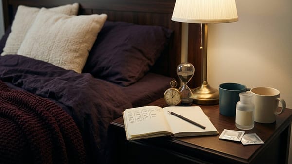 Dark plum bedside table with a brass stopwatch, hourglass, open research notebook, pencil, two mugs, lubricant bottle, condom packets and a warm lamp.
