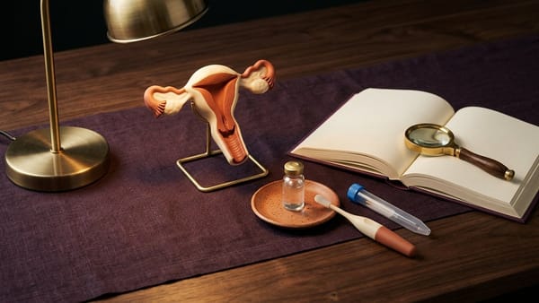 3D studio still-life of an anatomical uterus-and-cervix model, vaccine vial, ergonomic vaginal self-swab wand, and open atlas.