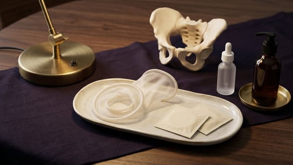 Midnight Plum flat lay with a translucent cream nitrile internal condom showing inner and outer rings, square packet, lubricant pump and dropper bottles, and ring diagram card.