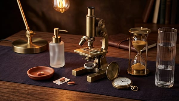3D studio still-life of a brass laboratory microscope, stopwatch, hourglass, single-dose oral tablet, transdermal gel pump, and water glass.