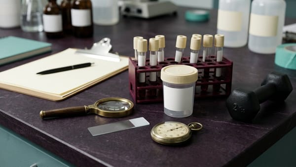 Dark plum laboratory bench with hormone blood tubes, a blank semen collection cup, microscope slide, magnifying glass, stopwatch, clipboard and dumbbell.