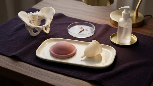 Midnight Plum flat lay comparing a flat circular rose menstrual disc, a bell-shaped cream menstrual cup, a T-shaped IUD with threads, lubricant dropper bottles and storage pouch.