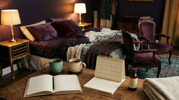 Midnight Plum bedroom with two bedside lamps, two chairs, two mugs, an open blank notebook and pencil, blank desk calendar, oil bottle and folded blanket.