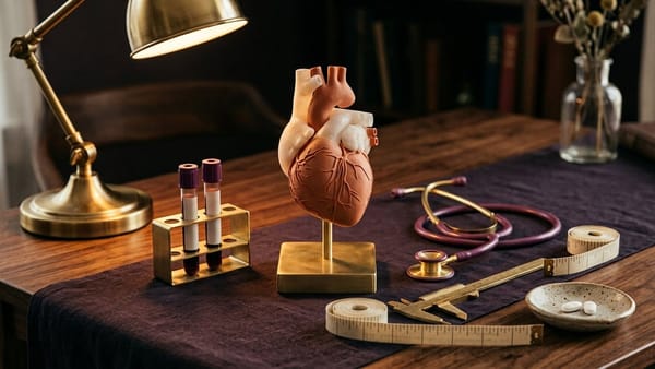 3D studio still-life of an anatomical heart-and-artery model, stethoscope, blood sample rack, brass caliper, measuring tape, and tablets.