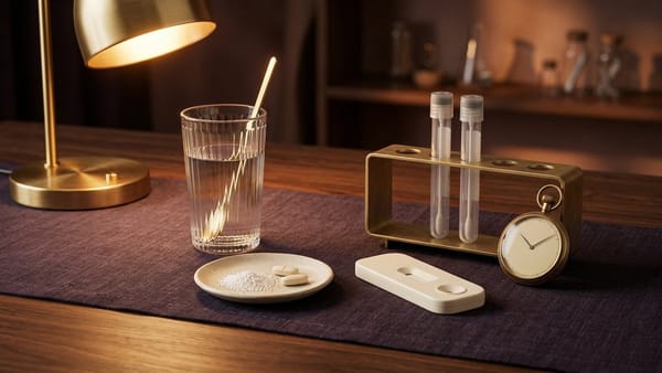 3D studio still-life of water glass with brass spoon, oral granules and tablets, home diagnostic cassette, swab rack, and stopwatch.