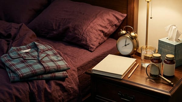 Dark plum bedside scene with folded pyjamas, rumpled sheets, alarm clock, sleep journal, tissue box, water glass and two blank-label supplement bottles.