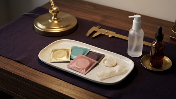 Midnight Plum flat lay with brass, teal and dusty-rose condom packets, an unrolled internal nitrile condom, water and silicone lube pumps, and an oil dropper in a warning ring.