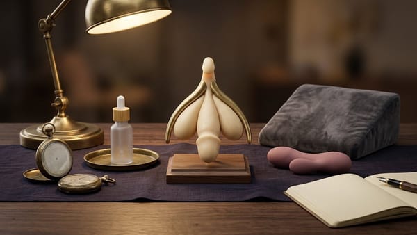 Midnight Plum flat lay with a sculptural brass and cream clitoral-complex model, two brass stopwatches, dusty-rose wedge pillow, bullet massager, lubricant dropper and bar chart.