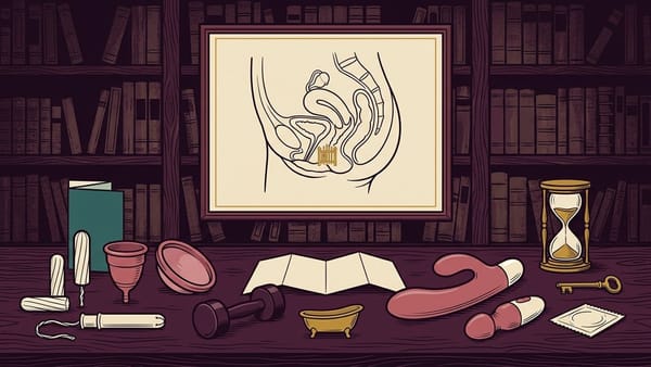 Dark plum library desk with a framed non-erotic pelvis diagram and literal pelvic-rest objects: tampons, menstrual cup and disc, vibrator products, condom, bath, dumbbell and hourglass.