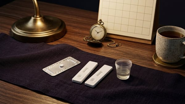 Midnight Plum flat lay with a 21-day calendar grid card showing a teal checkmark, single-pill blister pack, hourglass timer, urine pregnancy test stick and water glass.
