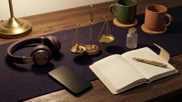 Midnight Plum flat lay with a face-down smartphone, headphones, a brass balance scale weighing a play icon and heart-compass token, flat-line chart card, lube pump and journal.