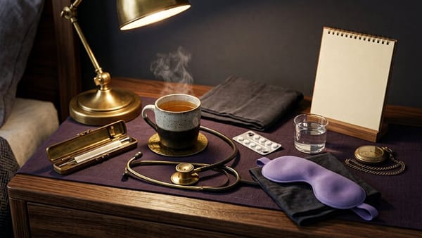 Midnight Plum flat lay with a clinical thermometer, steaming mug, 7-day calendar card showing a multi-day band, tablet blister strip, eye drops, water glass and stethoscope.