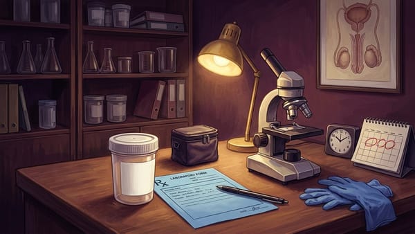 Dark plum andrology desk with a semen specimen cup, laboratory form, transport pouch, microscope, gloves, clock, marked calendar and framed testes diagram.