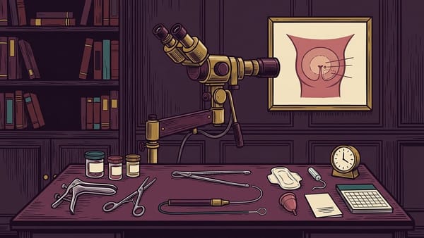 Dark plum clinical desk with a colposcope, framed cervix diagram, speculum, biopsy instruments, specimen jars, LEEP loop handpiece, pad, tampon, menstrual cup, leaflet, calendar and clock.