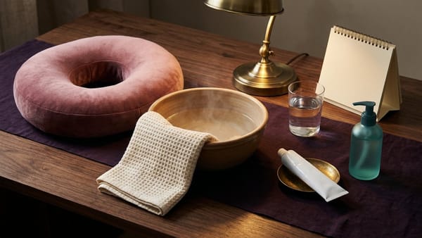 Midnight Plum flat lay with a dusty-rose ring cushion, warm sitz-bath basin icon, water glass, bowl of oats, blank ointment tube, recovery calendar card and lubricant pump.
