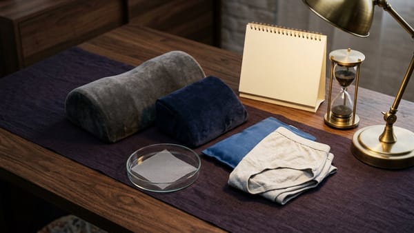 Midnight Plum flat lay with a square of surgical mesh, recovery calendar card, supportive cotton briefs, gel cold pack, stacked pillows and a crossed-out weight badge.