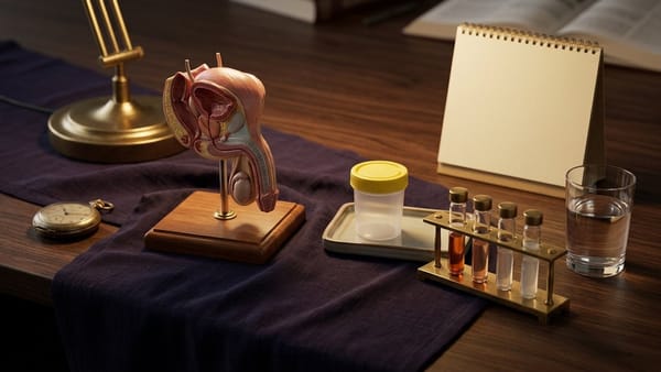 Midnight Plum flat lay with an ultrasound probe, multi-week calendar card, four sample vials fading from rose-red to rust-brown to cream, condom packet and water carafe.