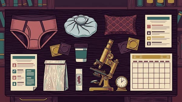 Top-down dark plum desk with post-vasectomy items: supportive briefs, ice pack, cushion, condom wrappers, sample container, lab bag, microscope slide, microscope, clock and blank calendar.