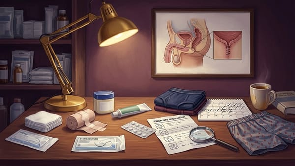 Dark plum desk with a framed male pelvic stitch diagram, suture packet, gauze, dressing roll, petroleum jelly, supportive briefs, boxer shorts, aftercare sheet and calendar.