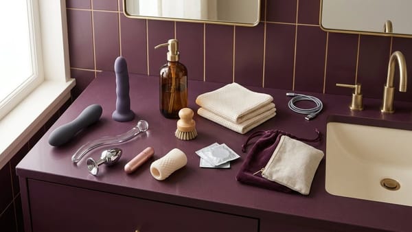 Dark plum bathroom vanity with silicone, glass, steel and sleeve sex toys beside condoms, a soap pump, soft brush, towels, storage pouches and a dry USB cable.