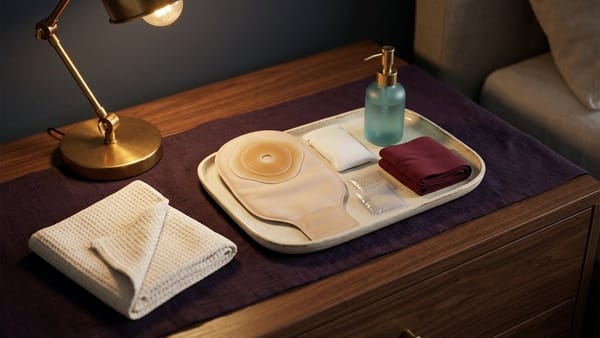 Midnight Plum flat lay with an opaque beige mini ostomy pouch, aubergine fabric stoma wrap band, patterned pouch cover, blank gelling sachets, lubricant pump and bedroom lamp.
