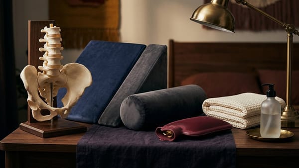 Midnight Plum editorial flat lay with an angled foam wedge cushion, lumbar roll bolster, stacked cream pillows, brass articulated spine model card, heating pad and folded towel.