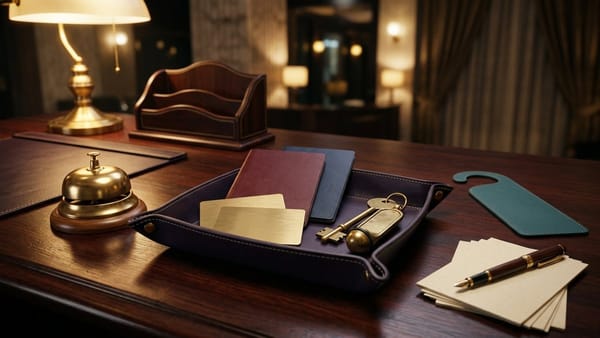 Midnight Plum flat lay with two brass hotel keycards and a vintage key fob on a leather tray, two blank passport covers, reception bell, door hanger and checklist card.