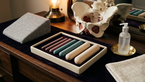 Six graduated medical-grade silicone vaginal dilators on a cream tray beside a four-step progress card, water-based lubricant pump bottle, and pelvic wedge on midnight plum.